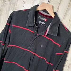 Vintage 90s Quiksilver Black Red‎ Stripe Long Sleeve Polo Shirt Mens Size Large